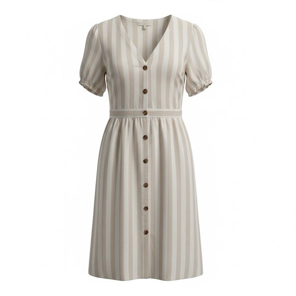 LOFT Striped Puff Sleeve Button Front Dress Linen Blend Size 14 Coastal Cowgirl